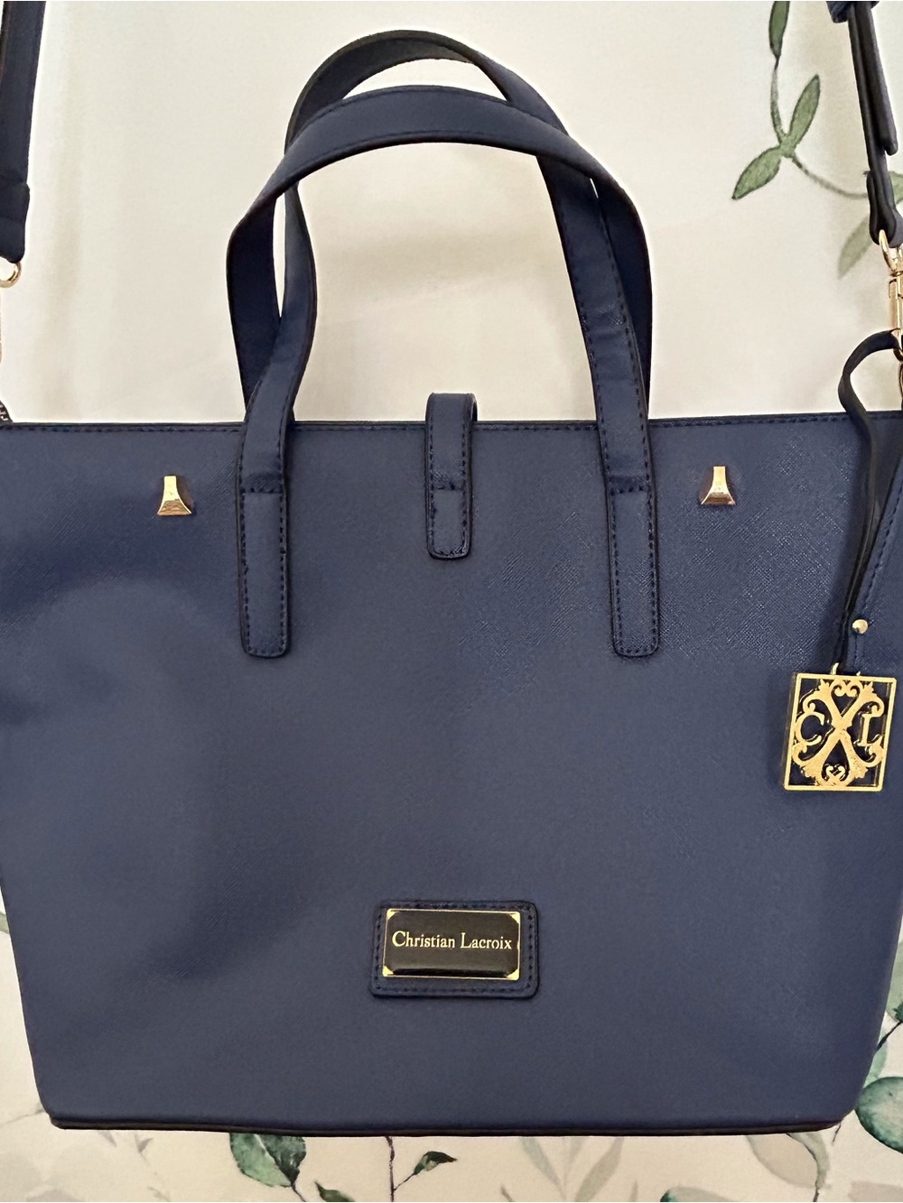 Christian Lacroix Zinnia Navy Satchel with Gold Accents and Detachable Strap